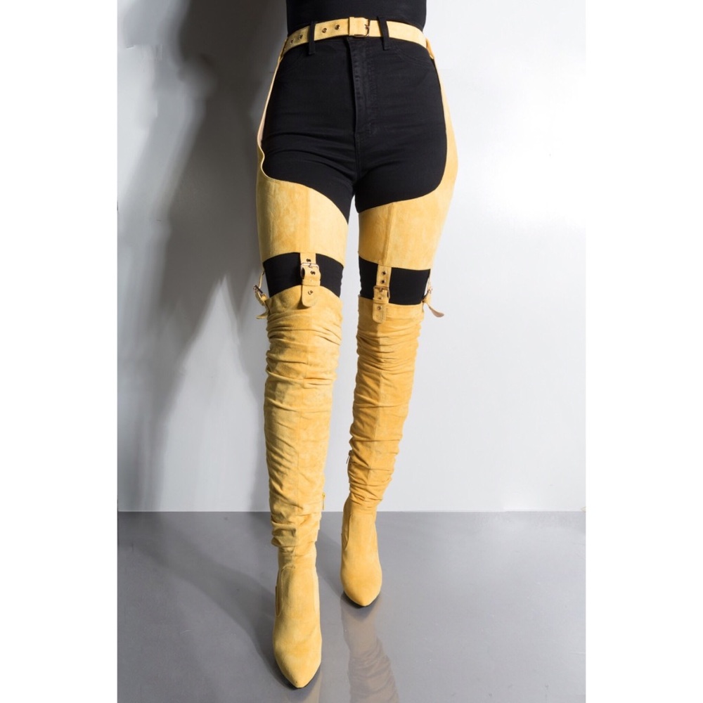 Yellow Waisted Thigh High Chunky Heel Boot